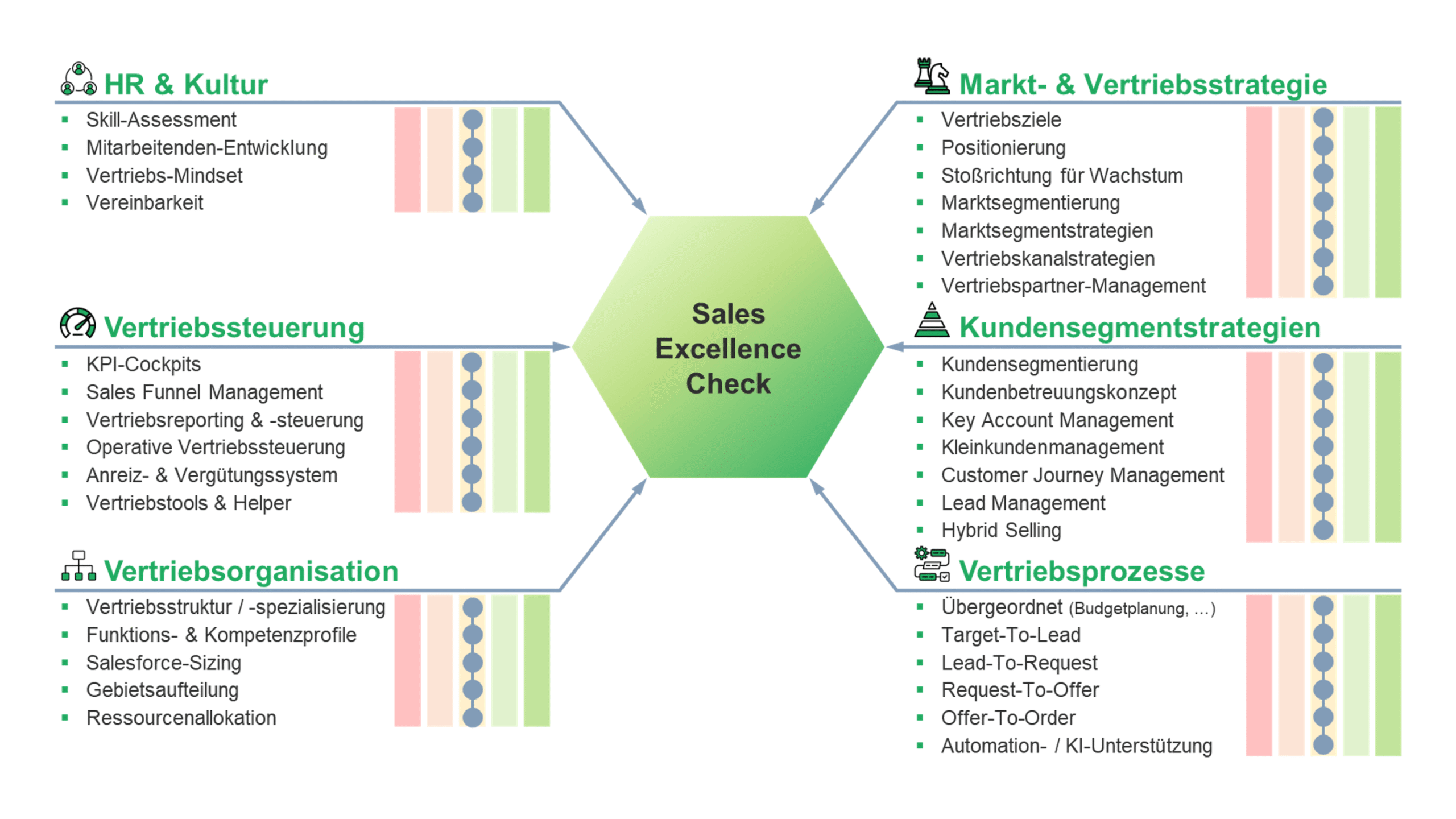 Eine Grafik, die die Elemente des Sales Excellence Checks visualisiert und auflistet